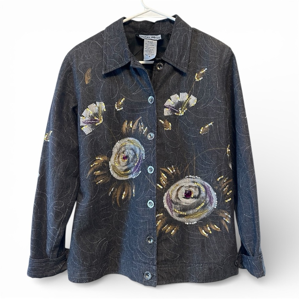 Vintage Y2K Era Indigo Moon Floral Bejeweled Embroidered Jacket Size Small